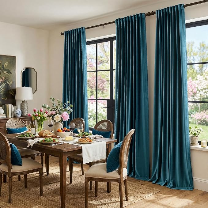 Elegant Peacock Blue Velvet Curtains 102 inches - Image 3