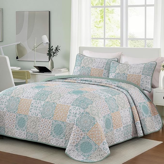 Dobuyly Patchwork Quilt Set Queen Size 3 Pieces Sage Green Yellow Boho Plaid - Image 2