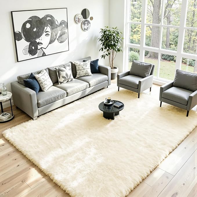 4x6 Fluffy Area Rug for Living Room: Non-Slip Cream White Bedroom Carpet | - Image 2