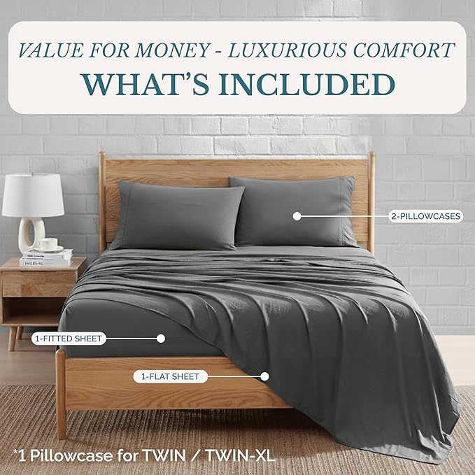 Casa Platino 4Piece Charcoal Microfiber King Sheet Set, Pre-Washed Ultra Soft, Breathable, Deep Pockets - Bed Linen Set
