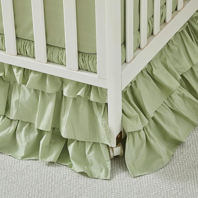 Brandream Crib Skirt Triple Layer Cotton Nursery Bed Skirt for Baby Girls Boys Toddler Bedskirt Solid Color Light Green Dust Ruffle Gender Neutral Farmhouse Chic Boho Bohemian Skirt
