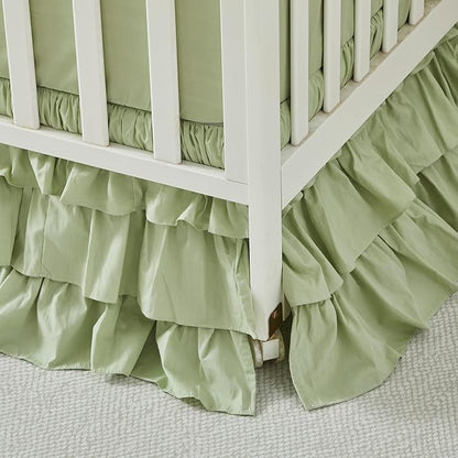 Brandream Crib Skirt Triple Layer Cotton Nursery Bed Skirt for Baby Girls Boys Toddler Bedskirt Solid Color Light Green Dust Ruffle Gender Neutral Farmhouse Chic Boho Bohemian Skirt