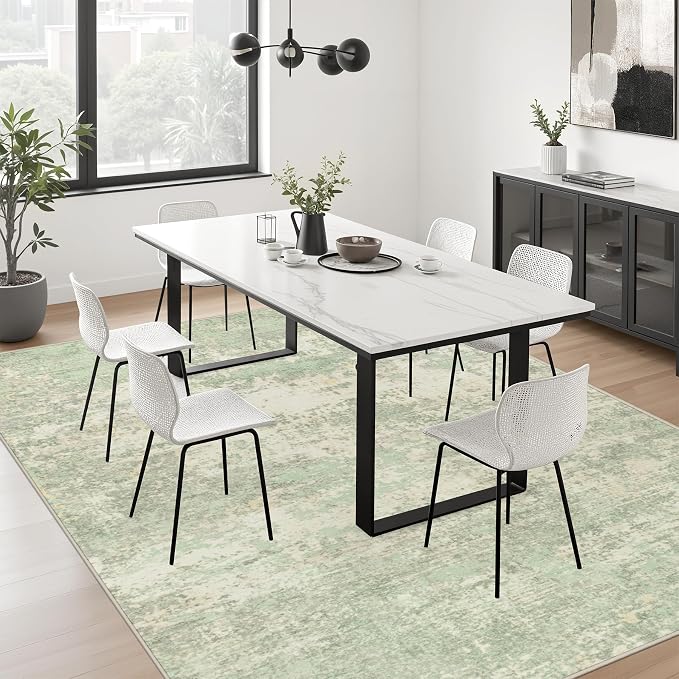 5x7 Area Rug Living Room: Modern Washable Soft Carpet Green Cream | - Image 9