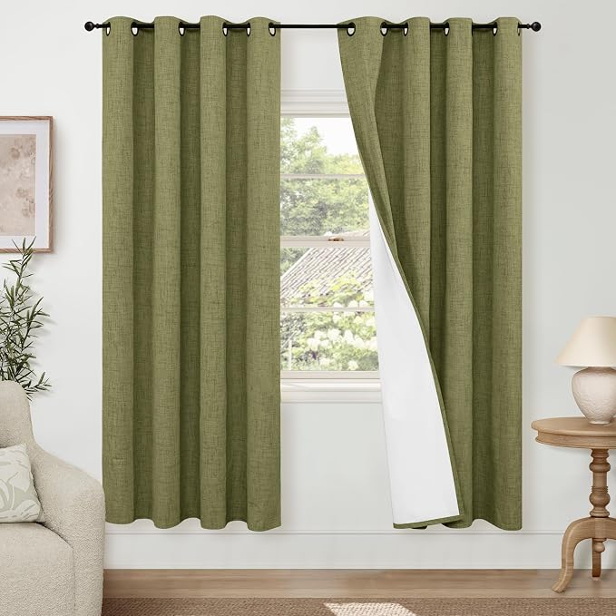 Olive Green Linen Blackout Curtains by Lajode