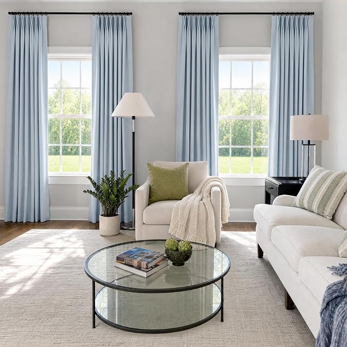 Pinch Pleated Full Blackout Faux Linen Curtains 102 Inches Long | Chambray Blue - Image 5