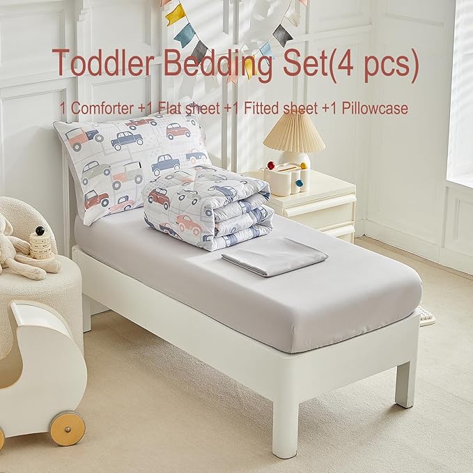 JHXHMX Car Toddler Bedding Set for Boys,4 Piece Bed-in-a-Bag Toddler Comforter Set,Soft Crib Bed Set Including Comforter,Flat Sheet,Fitted Sheet and Pillowcase-Gray