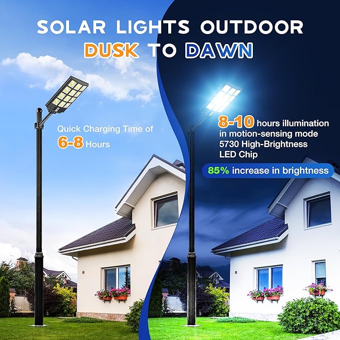 OKPRO Solar Lights Outdoor Waterproof, 8000W Solar Street Light with Motion Sensor, 7000K Dusk to Dawn Security Flood Lights IP66, Commercial Outdoor Lighting for Parking Lot, Yard, Driveway, Farm