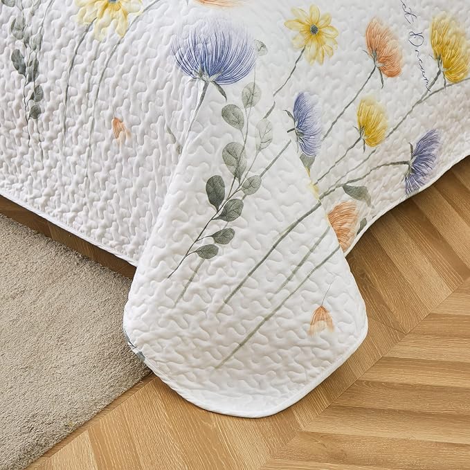 Dinjoy Floral Quilt Set Twin Size, 2 Pieces Blue Yellow Printed Bedspreads | - Image 5