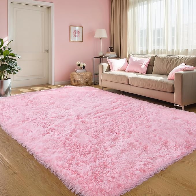 6x9 Pink Shag Rug for Girls Bedroom, Soft Plush Fluffy Carpet | Area Rug for by KICHOWUA