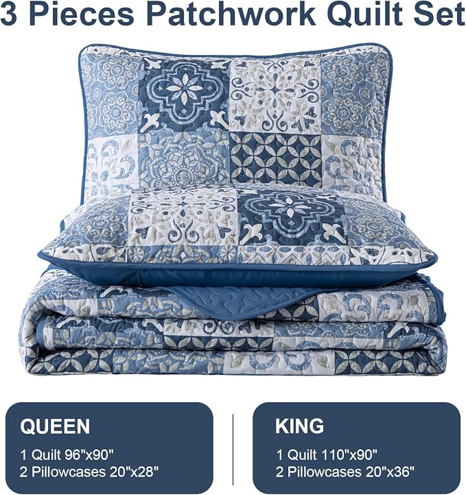 Quilt Set Queen Boho Plaid Patchwork Bedspreads Coverlet, Mineral Blue | 3Pcs - Image 7