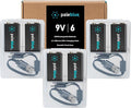 paleblue USB Rechargeable 9V Batteries (6-Pack) - 4500mWh Lithium Ion, 1000+ Charge Cycles, Includes (3) 2-in-1 USB-A to USB-C Charging Cables, LED Charge Indicator, 3.4 Hour Charge Time