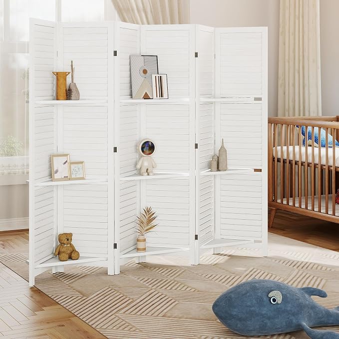 HOMCOM Room Divider with Shelves 6 Panel 67" Wood Screen White | Wood Privacy - Image 9