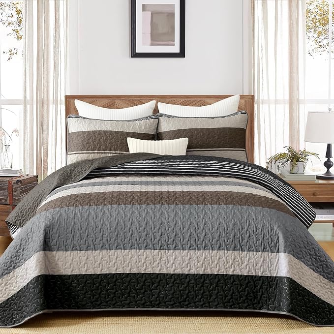 Dinjoy King Boho Striped Quilt Set, Breathable All-Season, 3-Piece Set Fits - Image 3