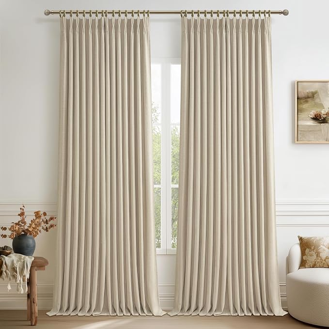 Warm Beige Linen Blend Room Divider Curtains 105 Inches Long 2 Panels Set by PleatedDrapes
