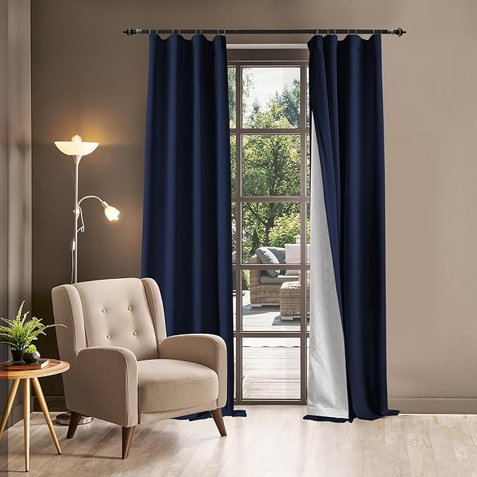3-in-1 100% Blackout Curtains 90 Inches Long, Thermal Insulation, Soundproof Back Tab Drapes for Bedroom Living Room Sliding Glass Door, with Pin Hooks, Navy Blue 50x90Inch 1 Panel