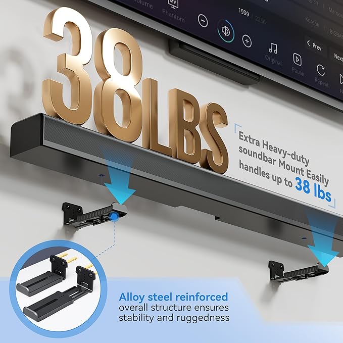 Agandax Soundbar Wall Mount Bracket for Samsung, Sony, LG, Vizio, Bose, JBL and More Sound Bar Mounts Under TV, Depth Adjustable 3.7”-6.4”, Hold up to 38 lbs, Soundbar Shelf