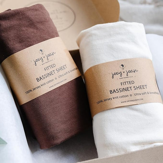 Joey + Joan Bassinet Fitted Sheets 19" x 32" for Cowiewie Bedside Sleeper Bassinet Mattress Pad – Snuggly Soft 100% Jersey Cotton – Cream + Brown – 2 Pack