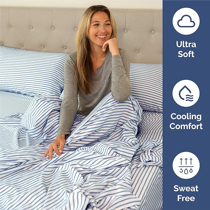King 6 Piece Sheet Set - Cooling, Comfy & Breathable - Hotel Luxury Bedding, Includes Fitted Sheet for Women, Men, Kids & Teens - 1 Flat, 1 Fitted Sheet, 4 Pillowcases w/Deep Pockets - Blue Stripes