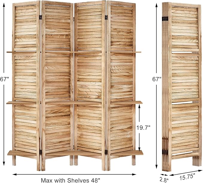Room Divider with Shelves, 4 Panel Natural Privacy Screen | Partition Room - Image 2