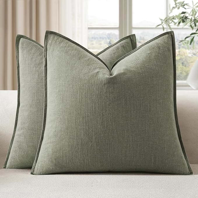 EMEMA Throw Pillow Covers Decorative Linen Pillow Covers 22x22 Inch Light Olive Green Boho Farmhouse Neutral Couch Throw Pillows for Bed Pack of 2 Accent Pillowcase Modern Sofa Cushion Livingroom Home