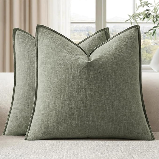 EMEMA Throw Pillow Covers Decorative Linen Pillow Covers 22x22 Inch Light Olive Green Boho Farmhouse Neutral Couch Throw Pillows for Bed Pack of 2 Accent Pillowcase Modern Sofa Cushion Livingroom Home
