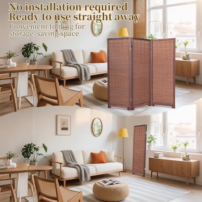 Bamboo Room Divider 3 Panel 47" H, 360°Rotating Feet Privacy Screen, Portable - Image 4