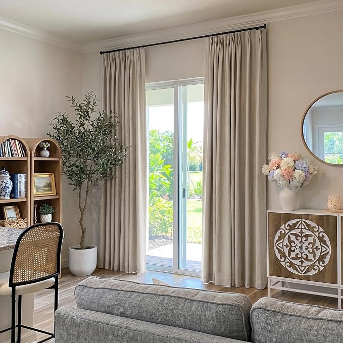Pinch Pleated Full Blackout Faux Linen Curtains 84 Inches Long | Oatmeal - Image 5