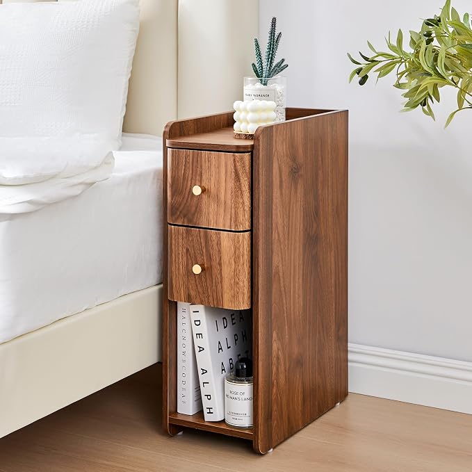 Narrow Nightstand Set of 2, Wooden Small 2 Drawer Nightstand, Slim Side End - Image 7