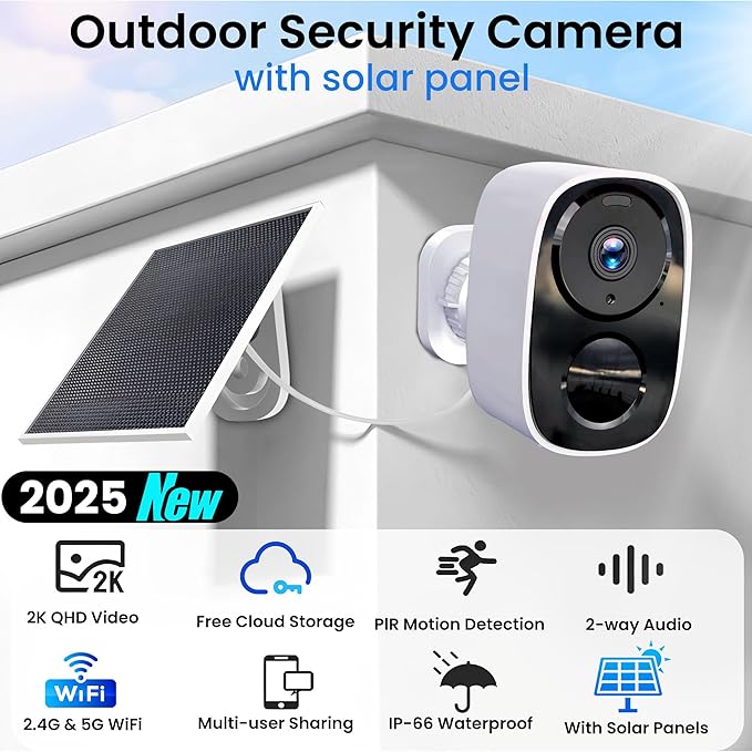 HITELLARCAM 2025 Upgraded 2K Security Cameras Wireless Outdoor with Solar Panels, Free Cloud Storage, AI Motion Detection Spotlight Siren Alarm Outdoor Camera Wireless, 2-Way Talk, IP66 Waterproof