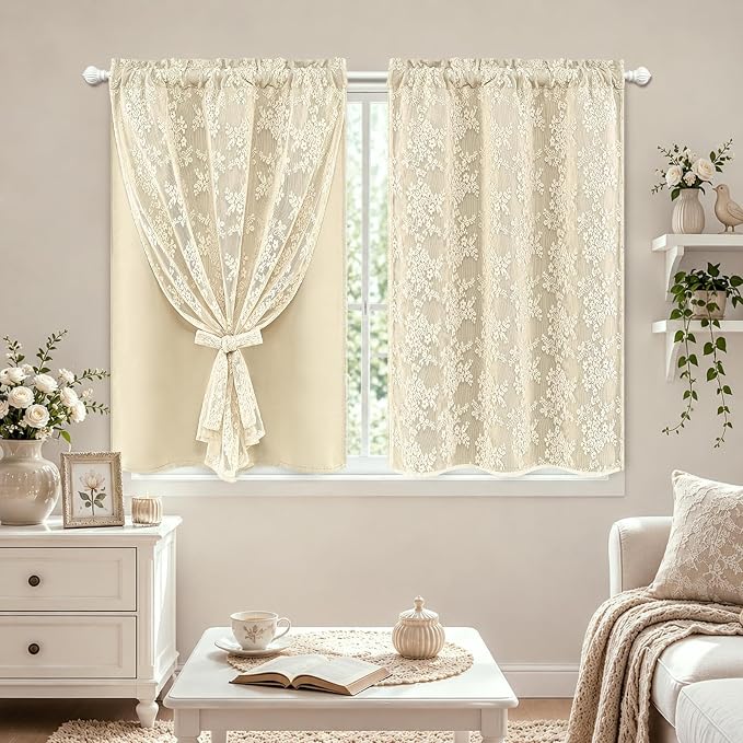 Yinhua Double Layer Kitchen Curtains 36 Inch Length Beige Blackout Curtains - Image 8