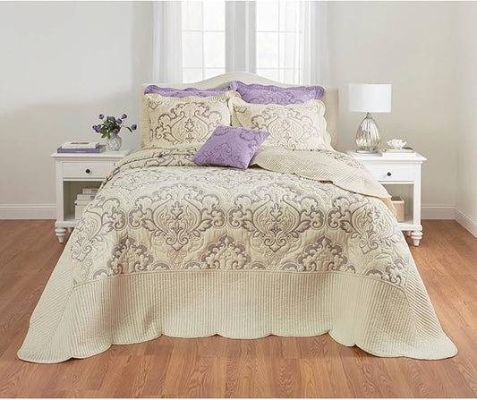 BrylaneHome Bedding Lightweight All Season Modern Amelia Quilted Damask Oversized Ultra Soft Bedspread - Full, Ivory Lavender