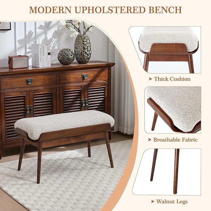 BFZ 37.4" Upholstered Bedroom Bench Walnut Wood Frame Entryway Bench | Padded - Image 4