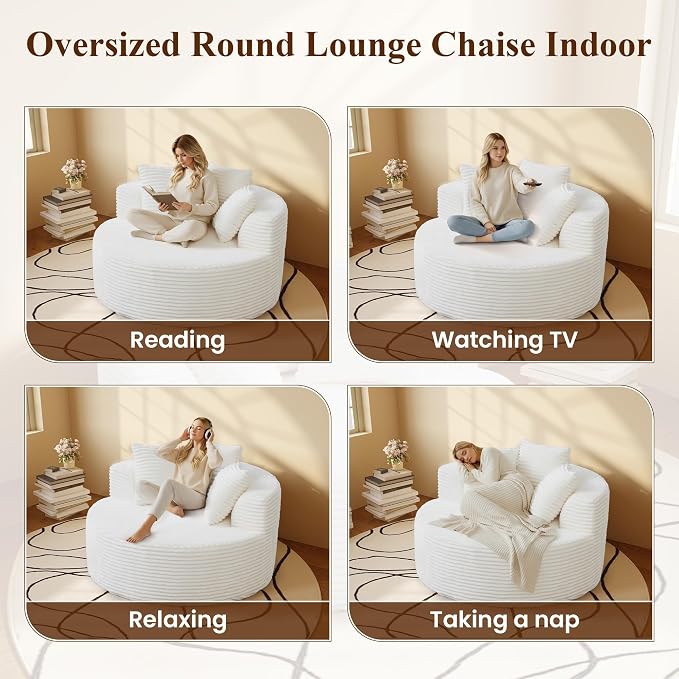 Oversized Round Chair Lounge Chaise Indoor, Upholstered Corduroy Sofa Bed - Image 7