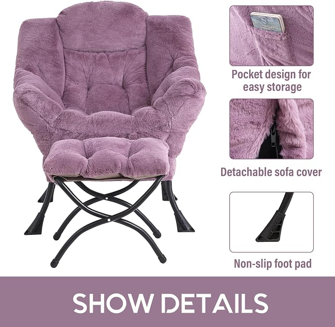 Lazy Chair with Ottoman, Comfy Accent Reading Chair, Plush Purple | Foldable - Image 6