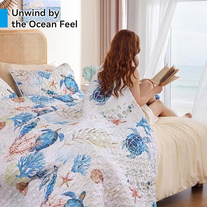 weigelia Coastal Quilt Queen Size, Sea Turtle Lightweight Summer Bedding | Sea - Image 4