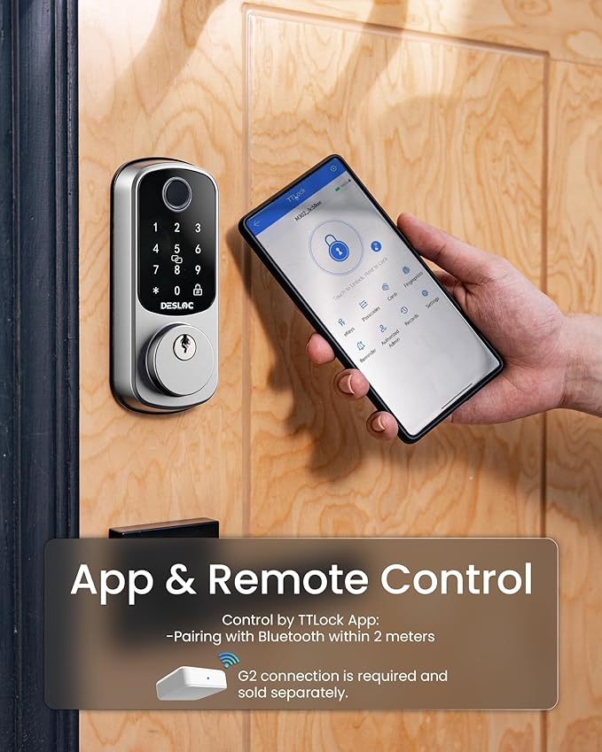 DESLOC Smart Door Lock B200, Smart Deadbolt Lock, Keyless Entry Door Lock, Fingerprint Smart Lock, Smart Locks for Front Door, App Control, Touchscreen Keypad Deadbolts,12-Month Battery, BHMA Grade3
