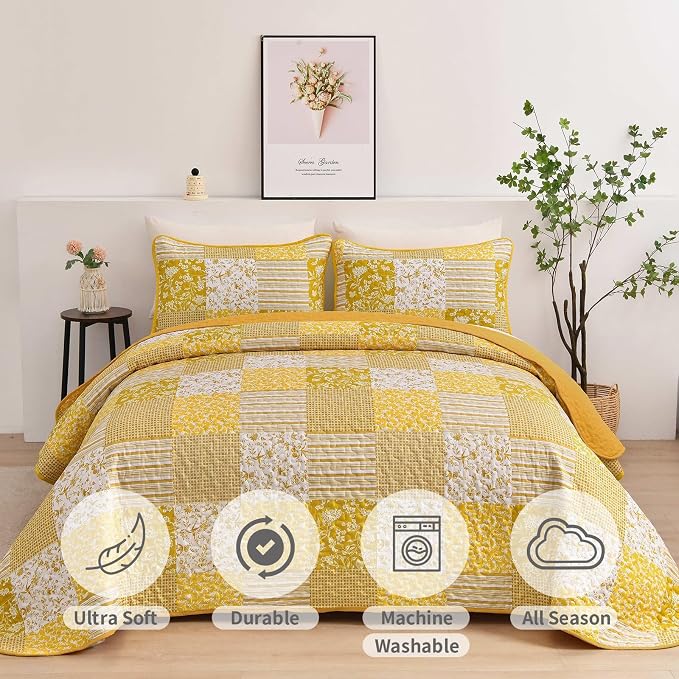 Mybedsoul Yellow Boho Quilt Set Full Size, 3 Pieces Plaid Floral Bedspread - Image 4