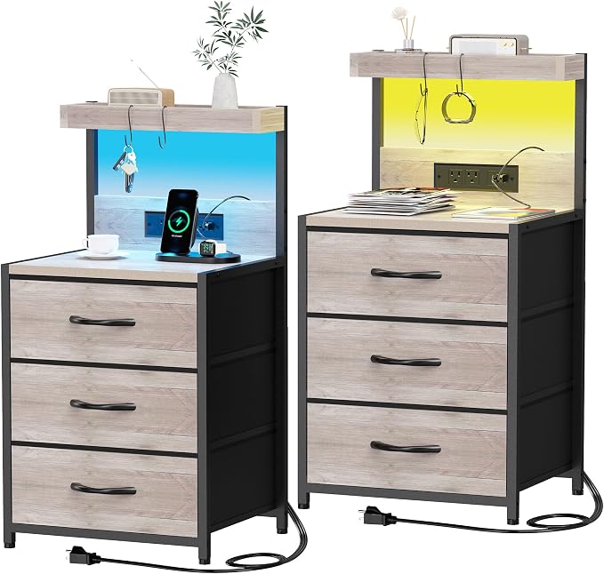 SZLHANJZ Night Stand Set 2, LED Lights and Charging Station, 3 Drawers | by SZLHANJZ