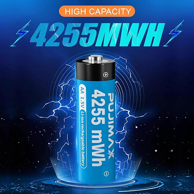PUJIMAX Rechargeable AA Batteries Lithium with Charger,High Capacity 4255 mWh 1.5v Rechargeable Li-ion Double A Batteries for Blink Camera Smart Doorbell Smart Lock 4pack