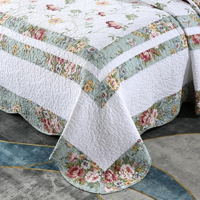 ROOMLIFE 100% Cotton Quilt Set Full Elegant Floral Embroidery 3-Piece | - Image 2