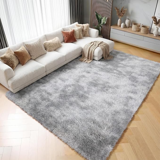 5x8 Area Rugs for Living Room Bedroom, Fluffy Tie-Dyed Light Grey Shag Rug - Image 2