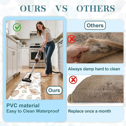 Kitchen Mats for Floor Cushioned Anti Fatigue Sets of 2 Beach Theme Kitchen Rugs Non Slip Waterproof Coastal Foam Kitchen Floor Rug Nautical Seashell Comfort Standing Mat For Sink Laundry, Coral