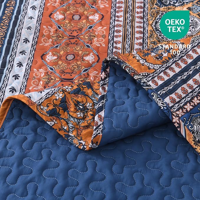 Blue Orange King Size Quilt Set, 3 Pieces Boho Striped Bedspread | Soft - Image 5