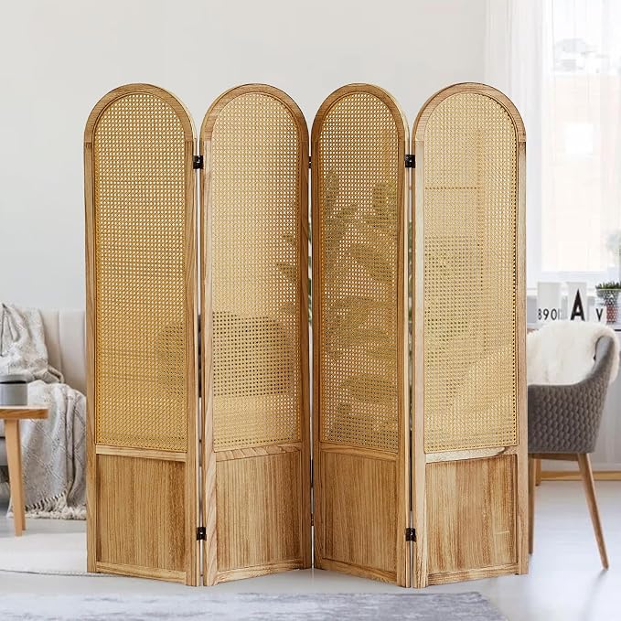 4 Panel Room Dividers and Folding Privacy Screens, Hand-Made Rattan Room Divider - Image 7