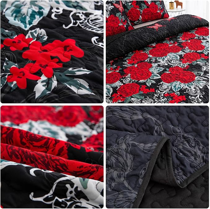 Yiran Black Floral Quilt Set King Size, 3 Pieces Botanical Quilt Set | Summer - Image 7
