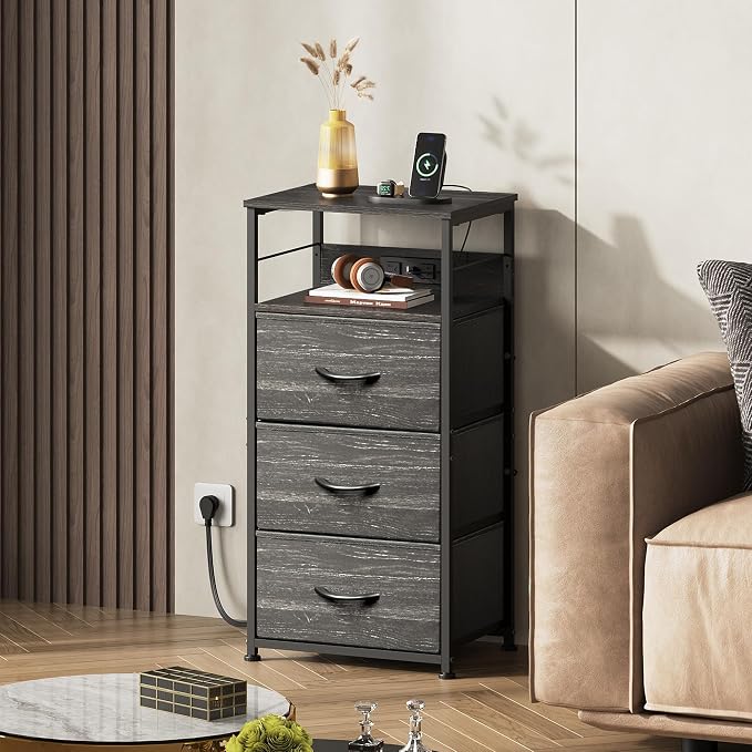 WLIVE Nightstand with Charging Station, 31.9" H Nightstand with 3 Fabric Drawers - Image 7
