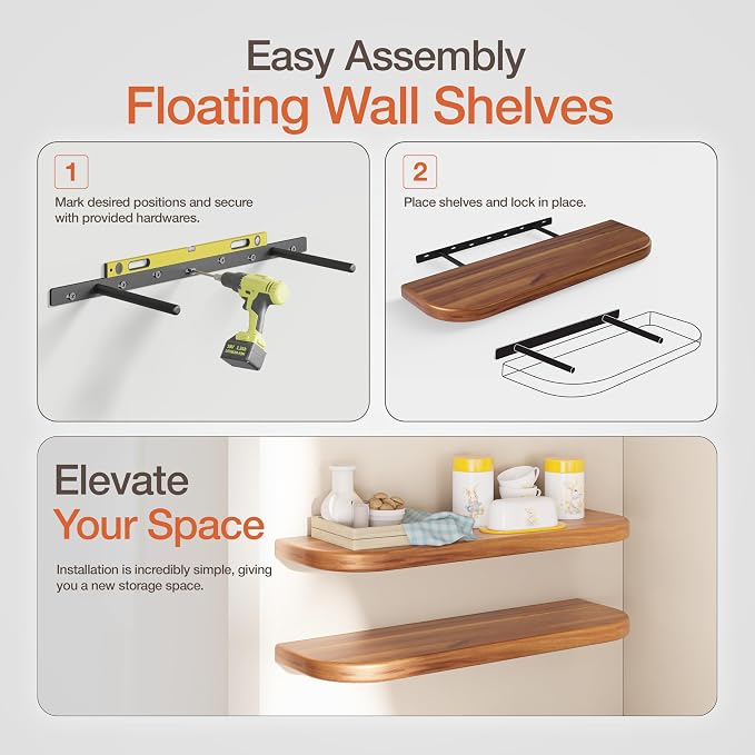 BATODA 24" Acacia Wood Floating Shelves Wall Mounted – Rustic Farmhouse Wooden - Image 5