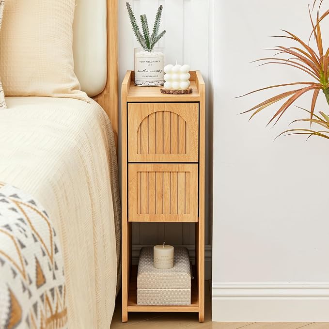 Narrow Nightstand Set of 2, Wooden Small 2 Drawer Nightstand, Slim Side End - Image 8