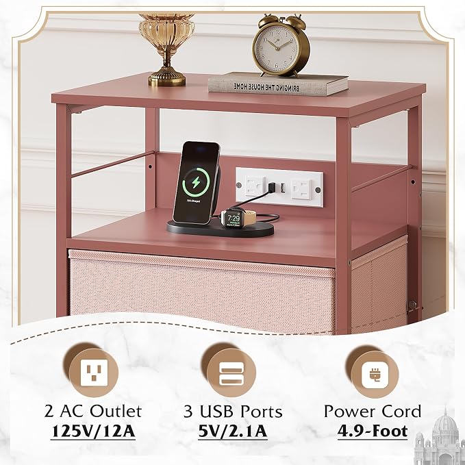 WLIVE Nightstand with Charging Station, 31.9" H Nightstand with 3 Fabric Drawers - Image 5
