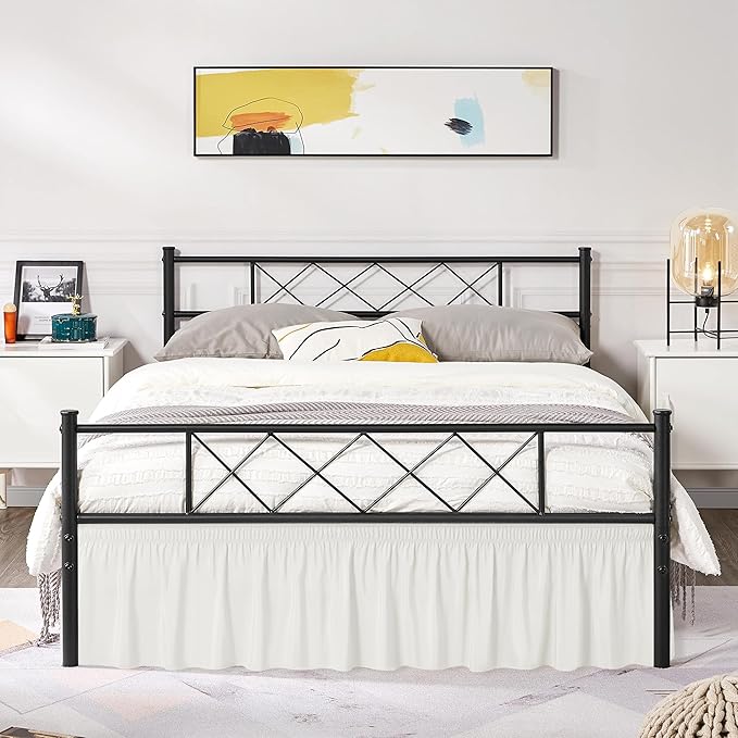 Biscaynebay Wrap Around Bed Skirts with Split Corners for Full Beds 16" Drop, Ivory Elastic Dust Ruffles Adjustable Easy Fit Wrinkle & Fade Resistant Silky Luxurious Fabric Machine Washable